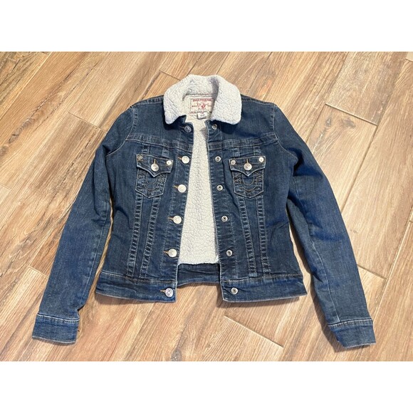 True Religion Womens Sherpa Lined Blue Denim Trucker Jacket XS EUC - Picture 2 of 13